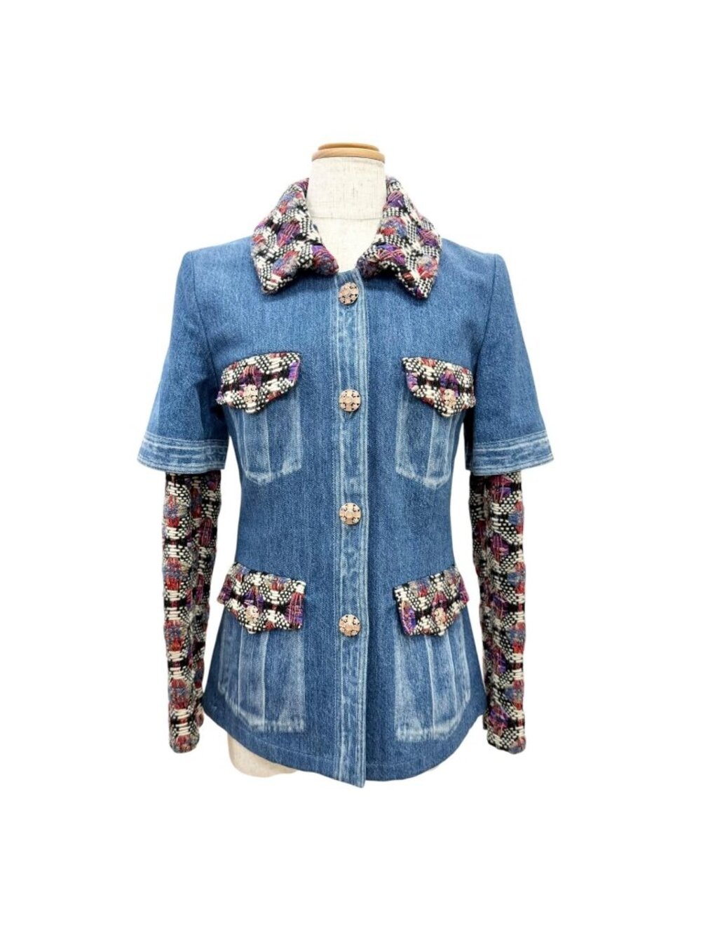 Chanel CC Logo Gripoix Button Sleeve Zip Tweed Denim Jacket Indigo Blue 34